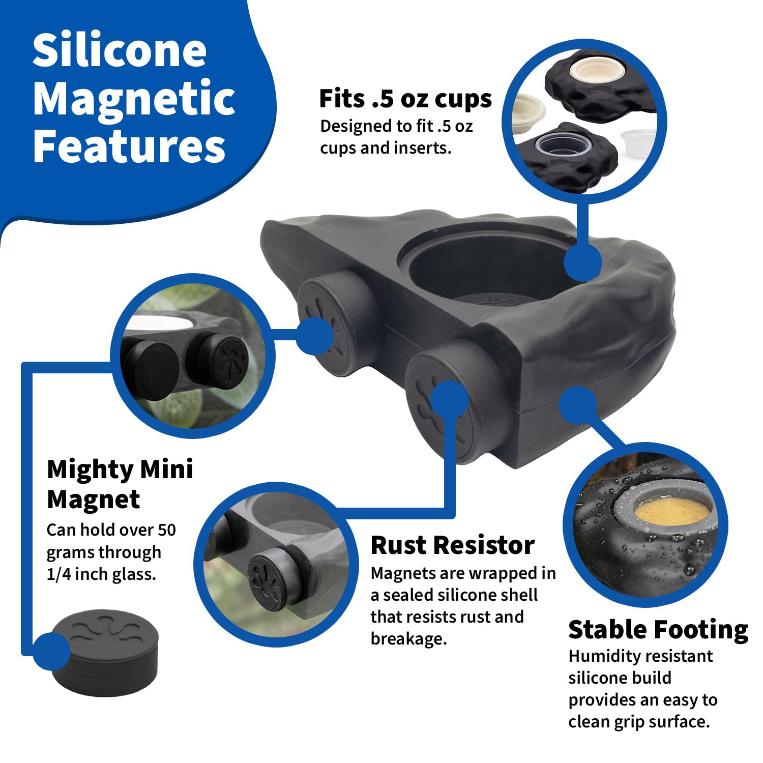 Pangea Silicone Gecko Feeding Ledge - Magnetic Mini Food Dish for Reptile Tank - 4.125 x 2.625 x 1.18 - Fits 0.5oz Cups (Black)